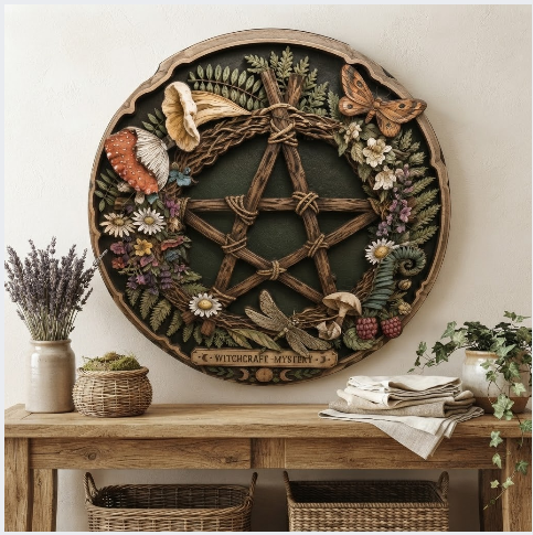 Woodland Witchcraft Mystery Pentagram Layered Wooden Wall Art For Pagan Cottagecore Decor