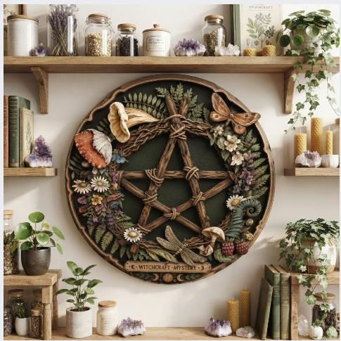 Woodland Witchcraft Mystery Pentagram Layered Wooden Wall Art For Pagan Cottagecore Decor
