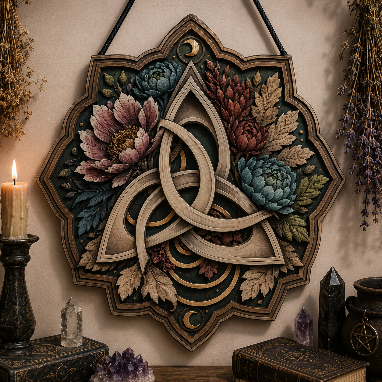 Celtic Trinity Knot Floral Layered Wooden Wall Art For Pagan Spiritual Home Decor