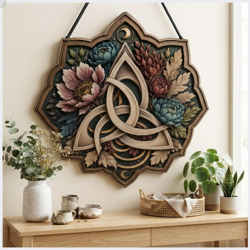 Celtic Trinity Knot Floral Layered Wooden Wall Art For Pagan Spiritual Home Decor