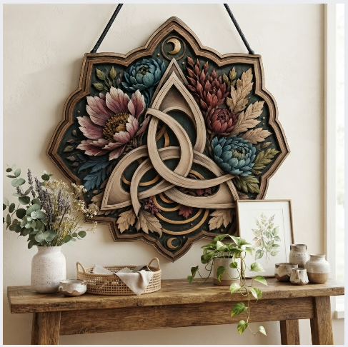 Celtic Trinity Knot Floral Layered Wooden Wall Art For Pagan Spiritual Home Decor