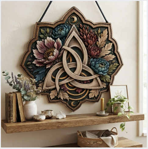 Celtic Trinity Knot Floral Layered Wooden Wall Art For Pagan Spiritual Home Decor