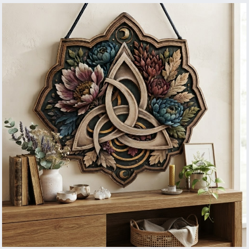 Celtic Trinity Knot Floral Layered Wooden Wall Art For Pagan Spiritual Home Decor