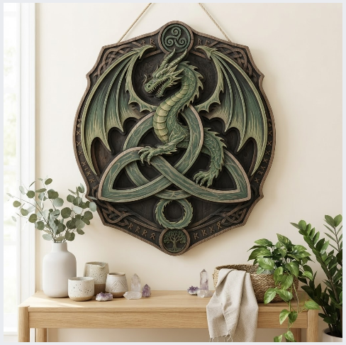 Celtic Dragon Trinity Knot Layered Wooden Wall Art For Norse Fantasy Home Decor