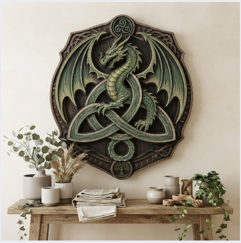 Celtic Dragon Trinity Knot Layered Wooden Wall Art For Norse Fantasy Home Decor