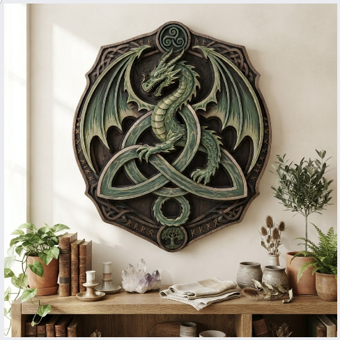 Celtic Dragon Trinity Knot Layered Wooden Wall Art For Norse Fantasy Home Decor