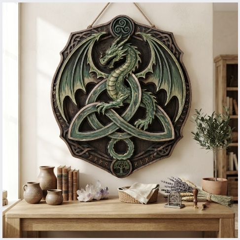 Celtic Dragon Trinity Knot Layered Wooden Wall Art For Norse Fantasy Home Decor
