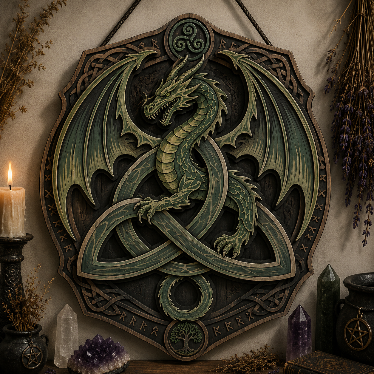 Celtic Dragon Trinity Knot Layered Wooden Wall Art For Norse Fantasy Home Decor
