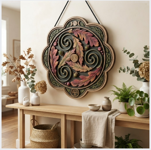 Celtic Autumn Oak Leaf Layered Wooden Wall Art For Woodland Pagan Home Decor