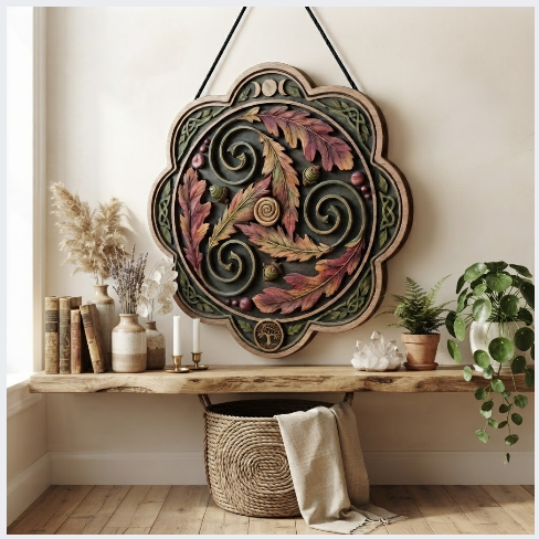 Celtic Autumn Oak Leaf Layered Wooden Wall Art For Woodland Pagan Home Decor