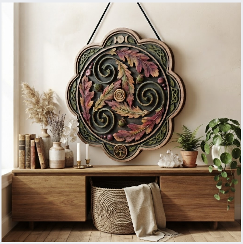 Celtic Autumn Oak Leaf Layered Wooden Wall Art For Woodland Pagan Home Decor