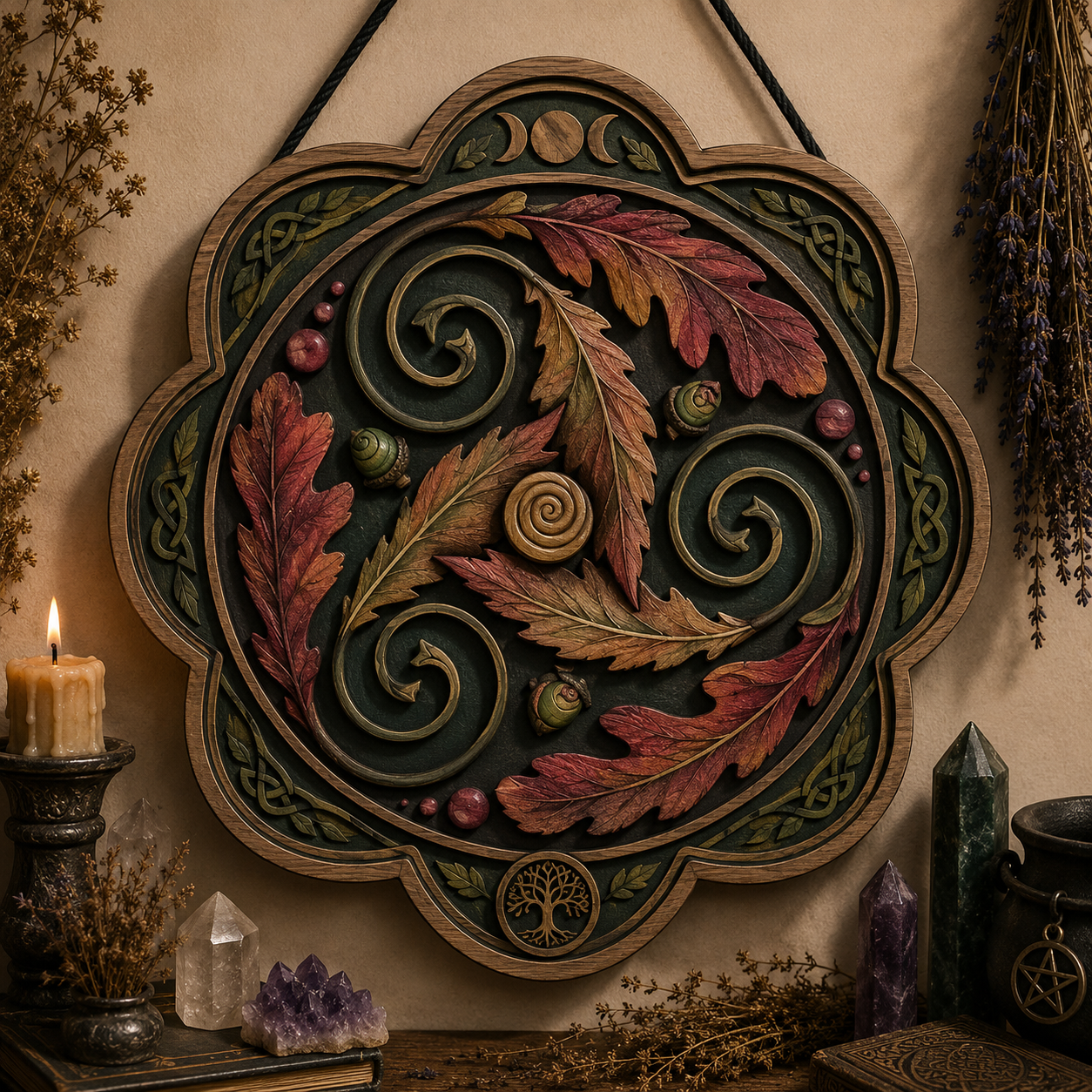 Celtic Autumn Oak Leaf Layered Wooden Wall Art For Woodland Pagan Home Decor