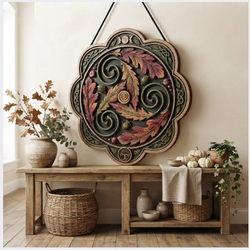 Celtic Autumn Oak Leaf Layered Wooden Wall Art For Woodland Pagan Home Decor