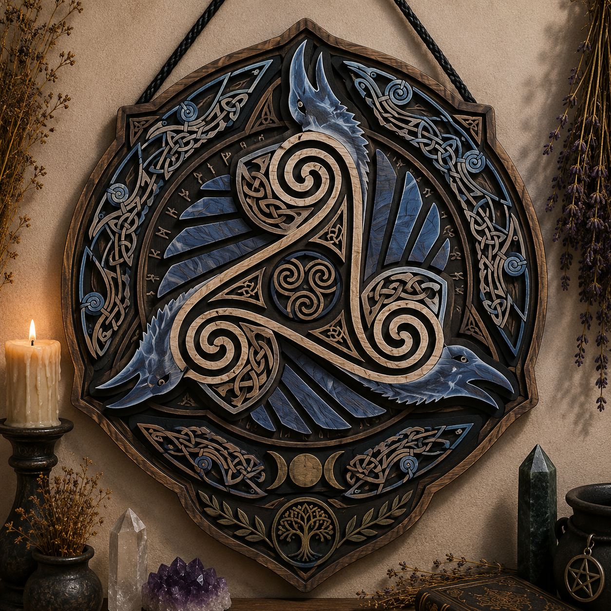Nordic Raven Triskele Celtic Wooden Wall Art Viking Pagan Home Decor