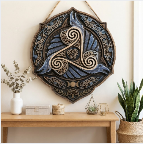 Nordic Raven Triskele Celtic Wooden Wall Art Viking Pagan Home Decor