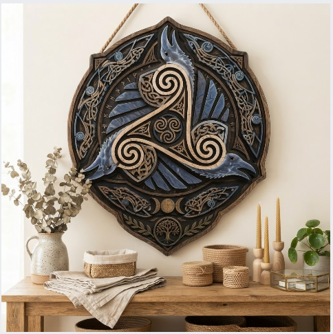 Nordic Raven Triskele Celtic Wooden Wall Art Viking Pagan Home Decor