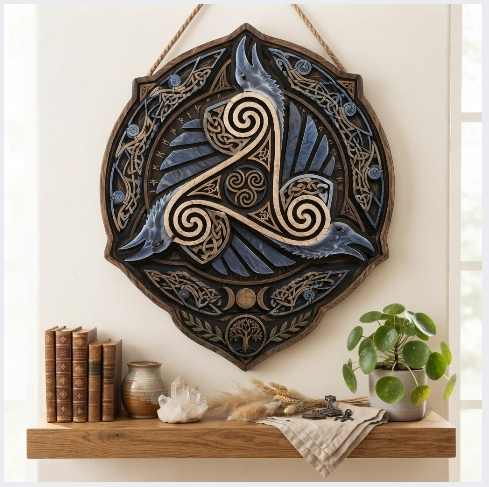 Nordic Raven Triskele Celtic Wooden Wall Art Viking Pagan Home Decor