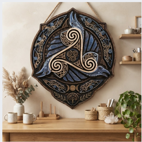 Nordic Raven Triskele Celtic Wooden Wall Art Viking Pagan Home Decor