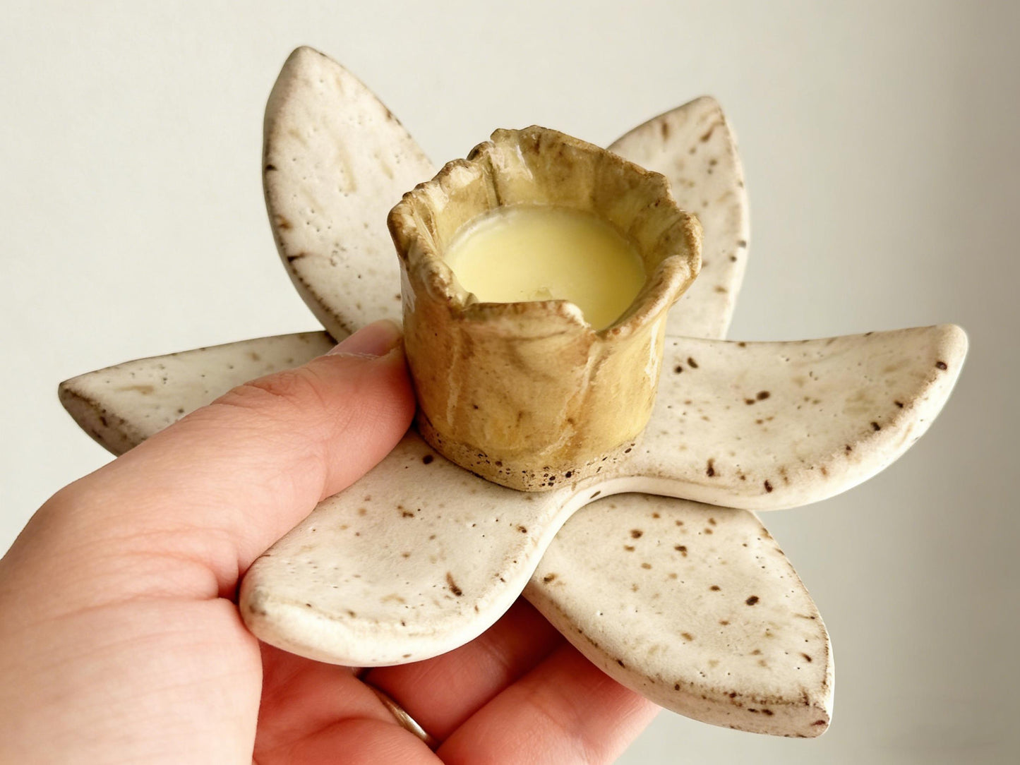 Handmade Ceramic Daffodil Candle Holder, Speckled Stoneware Flower Taper Candle Holder, Rustic Boho Home Decor, Gift for Plant Lover
