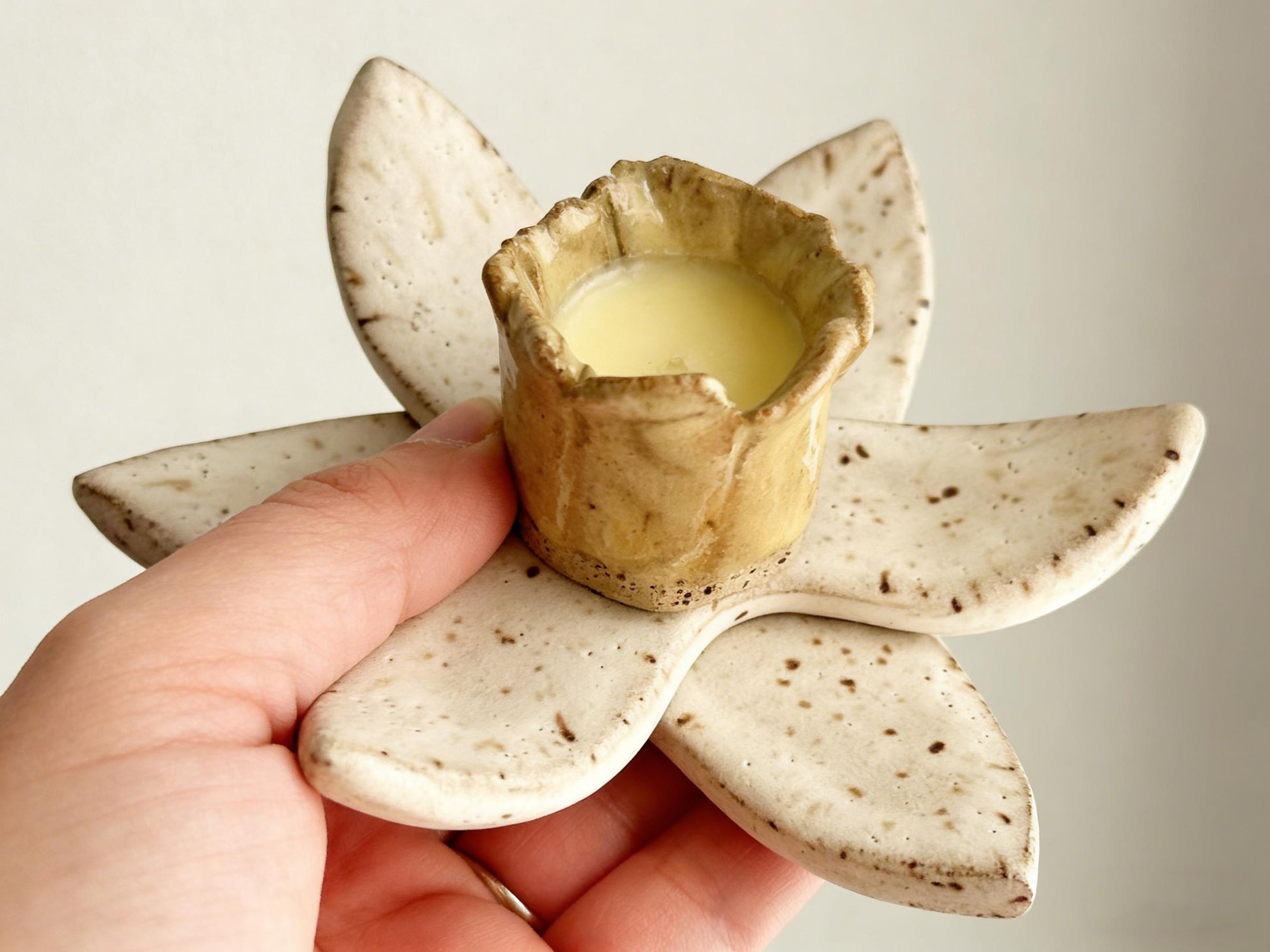 Handmade Ceramic Daffodil Candle Holder, Speckled Stoneware Flower Taper Candle Holder, Rustic Boho Home Decor, Gift for Plant Lover