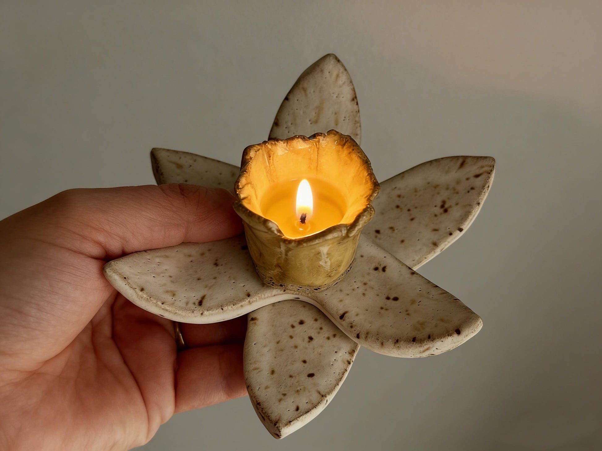 Handmade Ceramic Daffodil Candle Holder, Speckled Stoneware Flower Taper Candle Holder, Rustic Boho Home Decor, Gift for Plant Lover