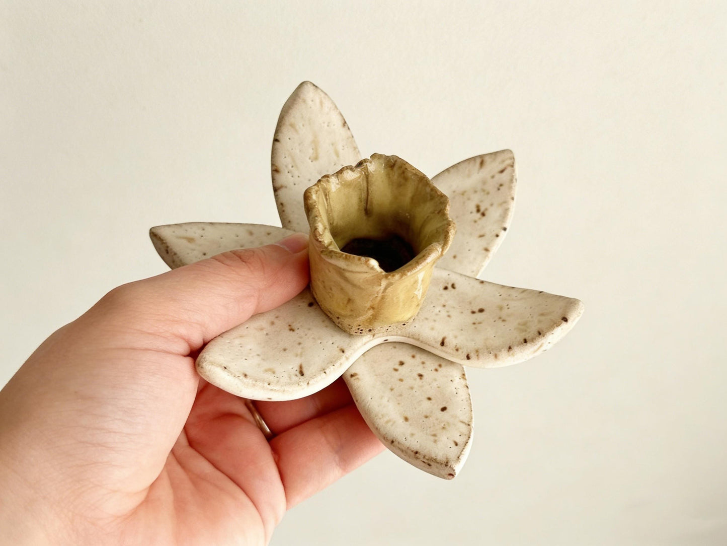 Handmade Ceramic Daffodil Candle Holder, Speckled Stoneware Flower Taper Candle Holder, Rustic Boho Home Decor, Gift for Plant Lover