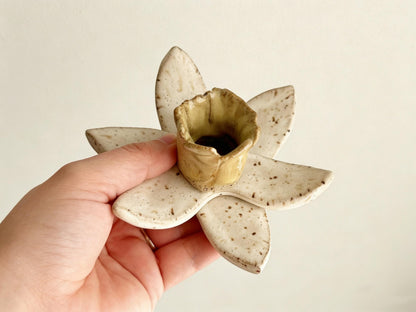Handmade Ceramic Daffodil Candle Holder, Speckled Stoneware Flower Taper Candle Holder, Rustic Boho Home Decor, Gift for Plant Lover