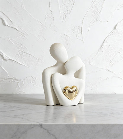 Abstract Couple Figurine with Gold Heart | Minimalist Love Sculpture | Wedding & Anniversary Gift | Modern Home Decor