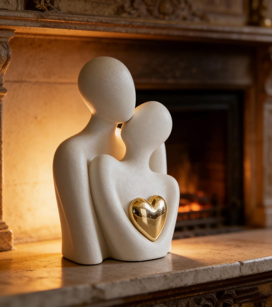 Abstract Couple Figurine with Gold Heart | Minimalist Love Sculpture | Wedding & Anniversary Gift | Modern Home Decor