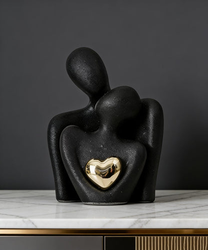 Embracing Couple Ceramic Statue | Matte Black & Gold Heart Decor | Romantic Gift for Her | Contemporary Shelf Accent
