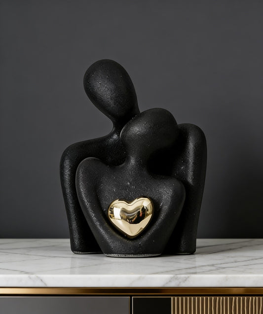 Embracing Couple Ceramic Statue | Matte Black & Gold Heart Decor | Romantic Gift for Her | Contemporary Shelf Accent