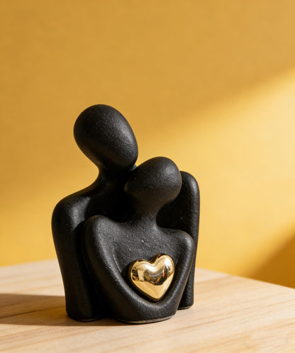 Embracing Couple Ceramic Statue | Matte Black & Gold Heart Decor | Romantic Gift for Her | Contemporary Shelf Accent