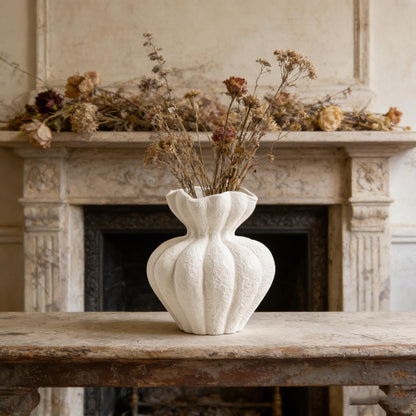 Textured Ceramic Vase, Pumpkin Shaped Vase, Wabi Sabi Decor, Ruffled Edge Vase, Matte White Vase, Boho Home Decor, Rustic Shelf Decor
