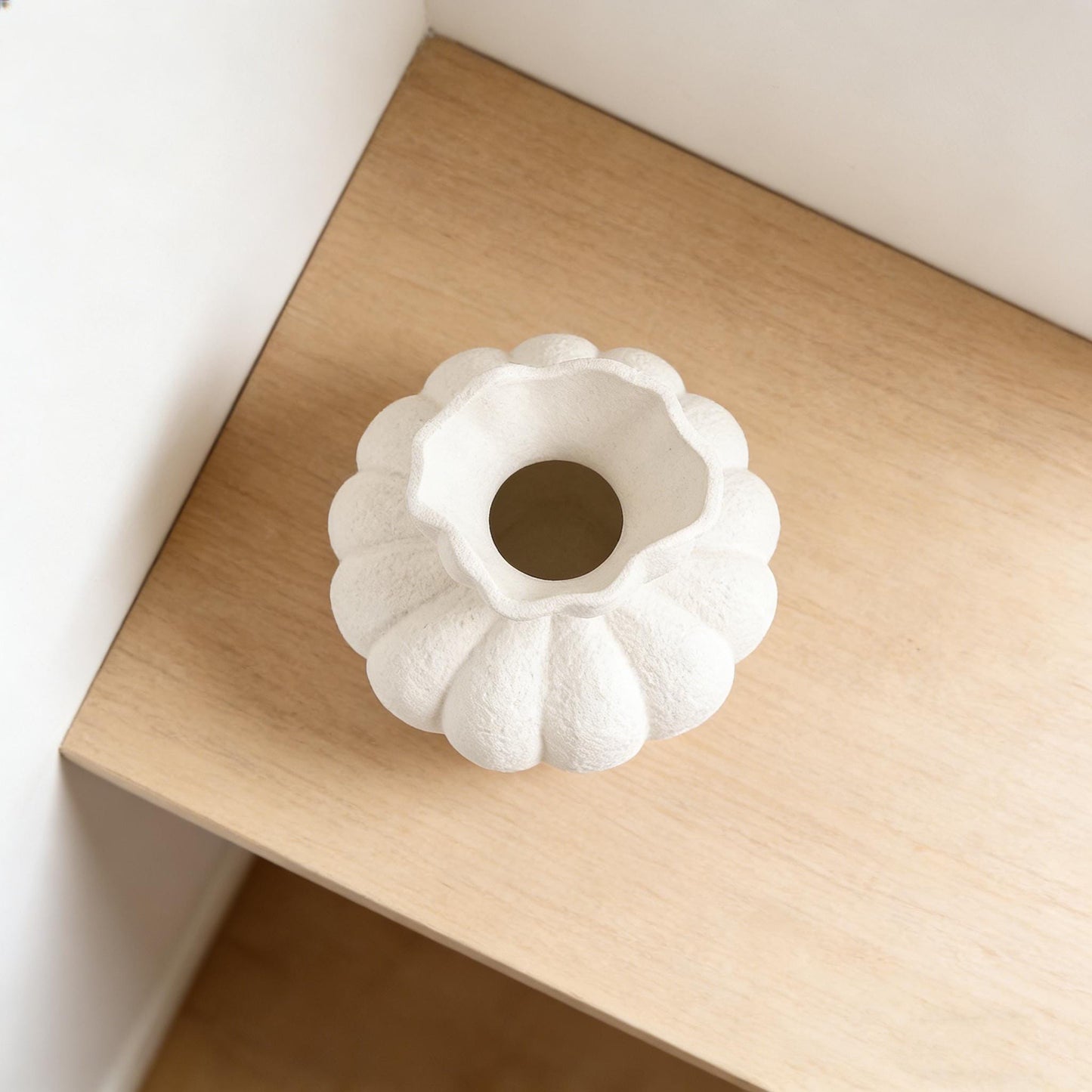 Textured Ceramic Vase, Pumpkin Shaped Vase, Wabi Sabi Decor, Ruffled Edge Vase, Matte White Vase, Boho Home Decor, Rustic Shelf Decor