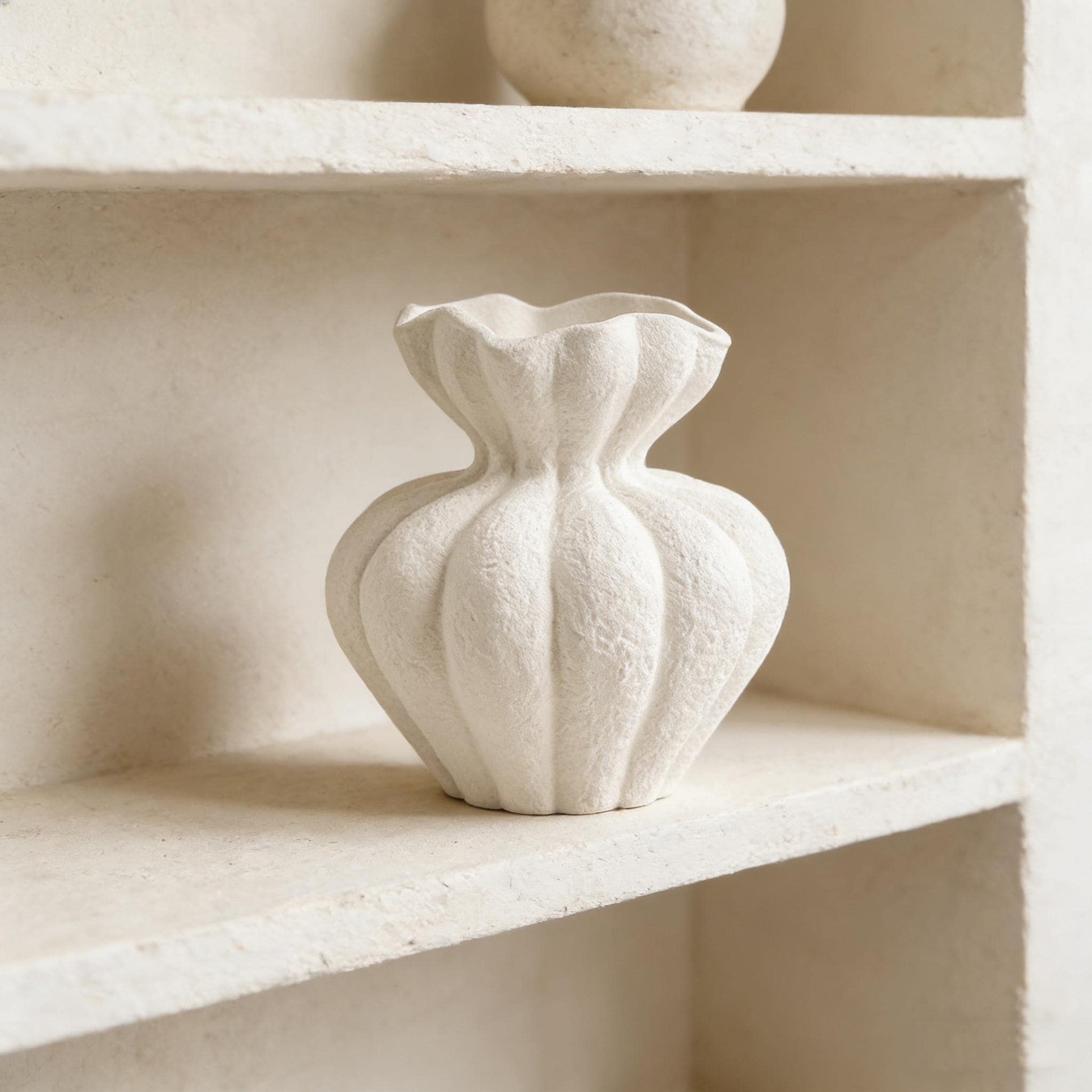 Textured Ceramic Vase, Pumpkin Shaped Vase, Wabi Sabi Decor, Ruffled Edge Vase, Matte White Vase, Boho Home Decor, Rustic Shelf Decor