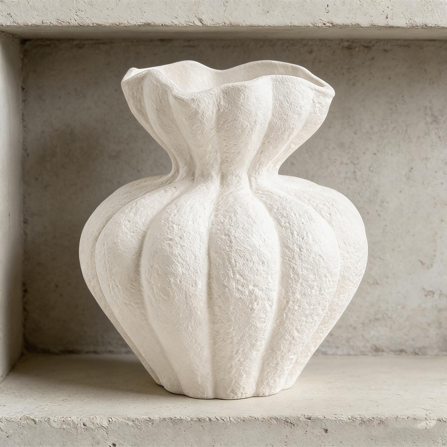 Textured Ceramic Vase, Pumpkin Shaped Vase, Wabi Sabi Decor, Ruffled Edge Vase, Matte White Vase, Boho Home Decor, Rustic Shelf Decor