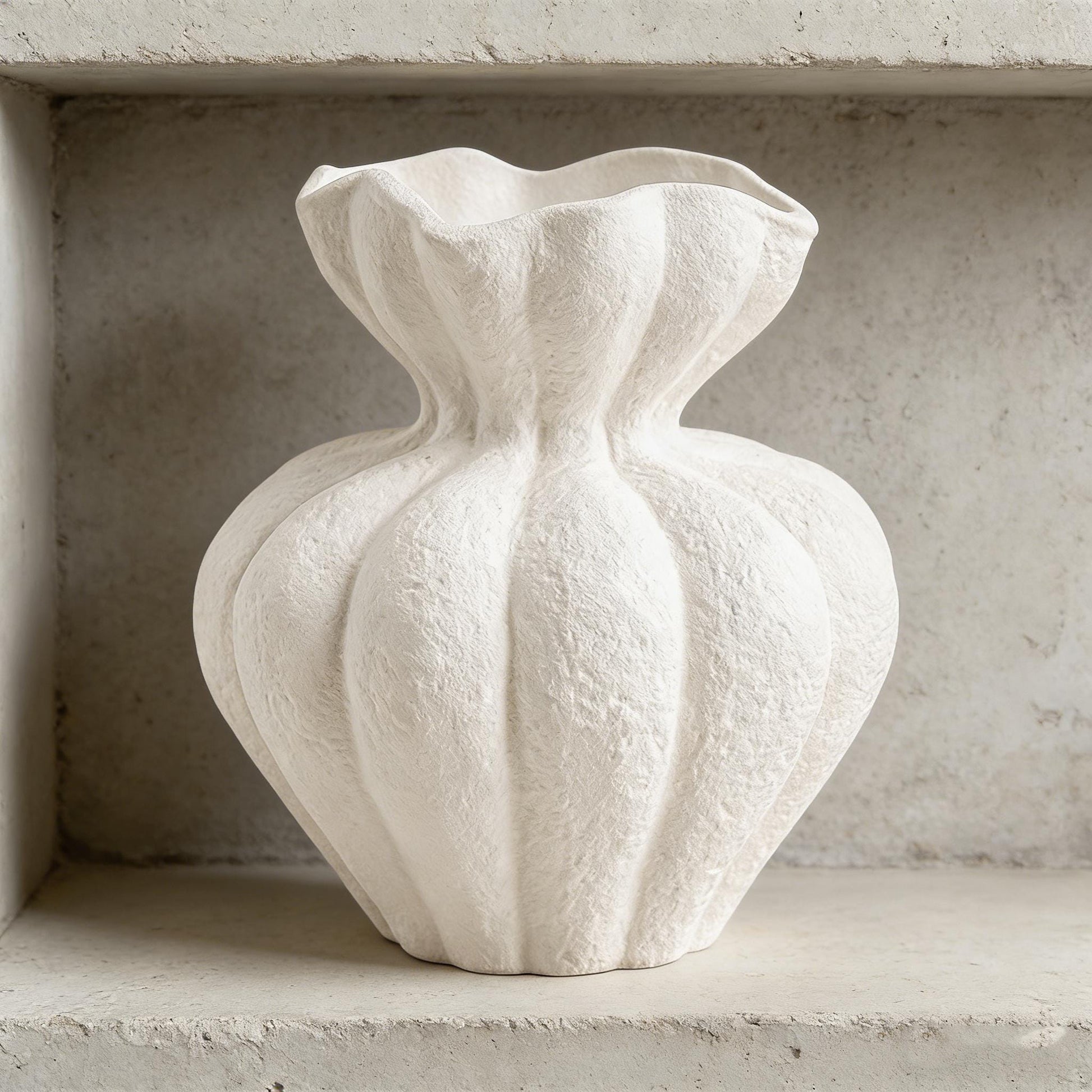 Textured Ceramic Vase, Pumpkin Shaped Vase, Wabi Sabi Decor, Ruffled Edge Vase, Matte White Vase, Boho Home Decor, Rustic Shelf Decor