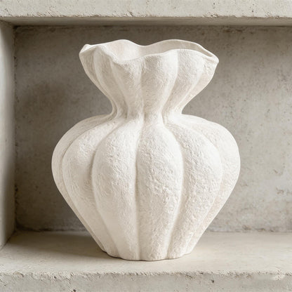 Textured Ceramic Vase, Pumpkin Shaped Vase, Wabi Sabi Decor, Ruffled Edge Vase, Matte White Vase, Boho Home Decor, Rustic Shelf Decor