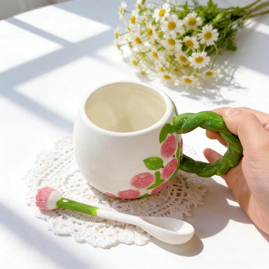 Floral Ceramic Mug, Hand-Painted Mug, Twisted Handle Mug, Tulip Spoon Set, Cottagecore Kitchen Decor, Flower Coffee Cup, Mother's Day Gift