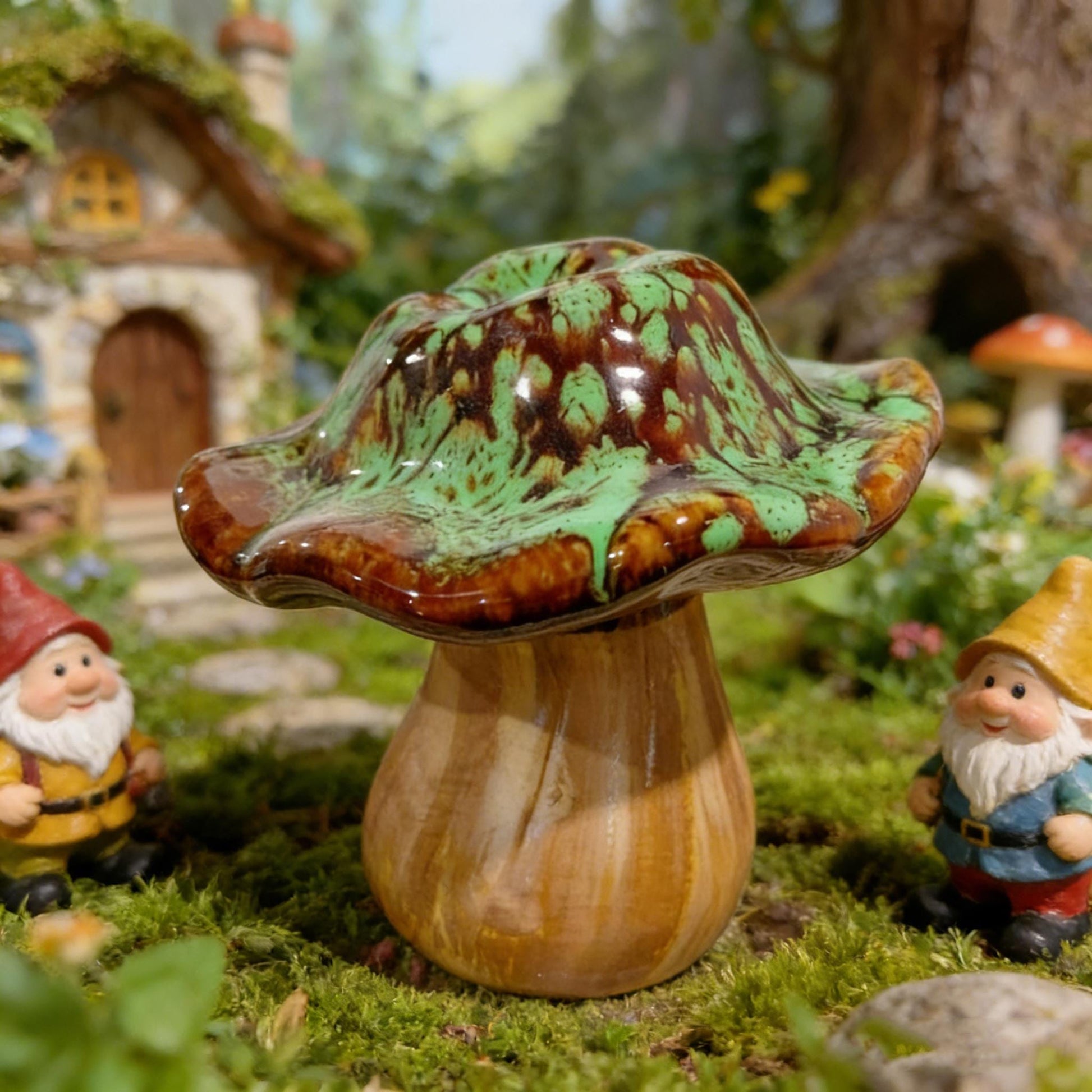 Mushroom Decor, Ceramic Wood Mushroom, Toadstool Figurine, Green Drip Glaze, Home Decor, Forestcore Shelf Accent, Boho Window Decor