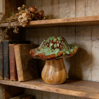 Mushroom Decor, Ceramic Wood Mushroom, Toadstool Figurine, Green Drip Glaze, Home Decor, Forestcore Shelf Accent, Boho Window Decor