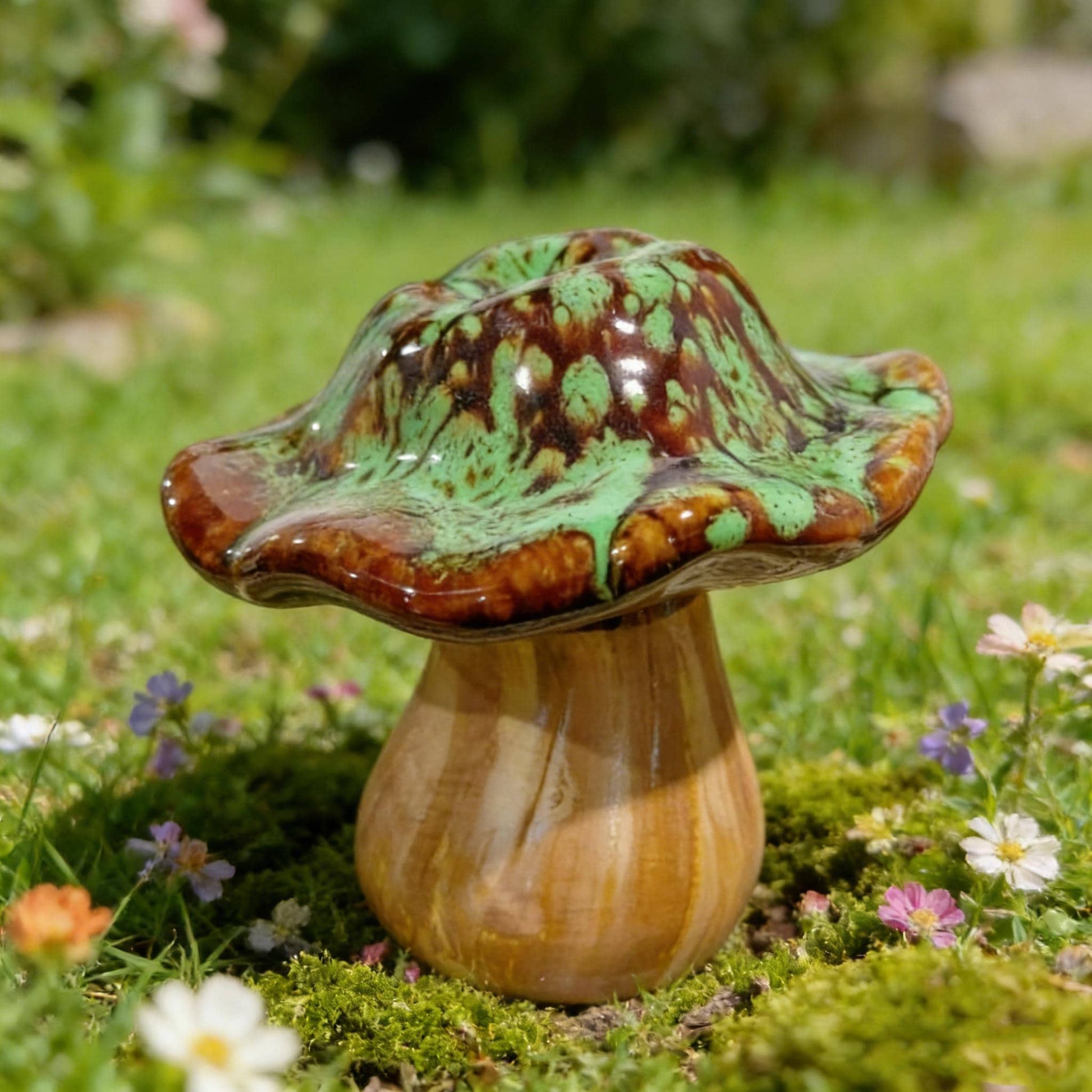 Mushroom Decor, Ceramic Wood Mushroom, Toadstool Figurine, Green Drip Glaze, Home Decor, Forestcore Shelf Accent, Boho Window Decor