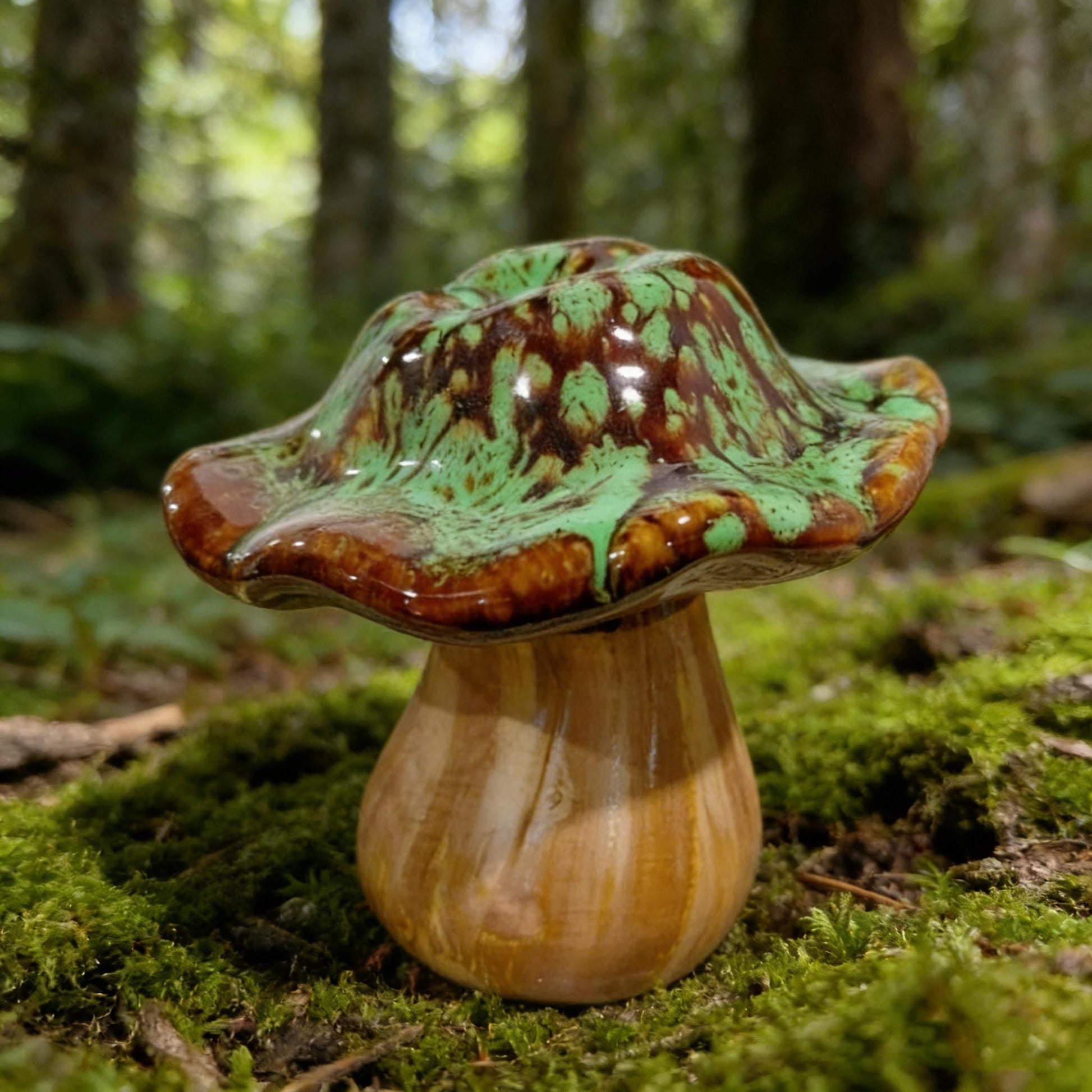 Mushroom Decor, Ceramic Wood Mushroom, Toadstool Figurine, Green Drip Glaze, Home Decor, Forestcore Shelf Accent, Boho Window Decor
