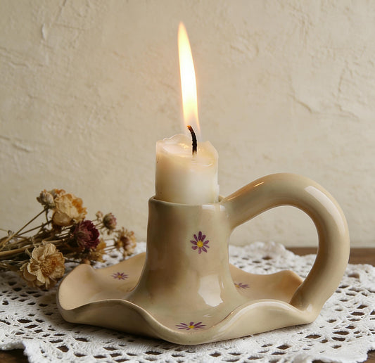 Hand Painted Ceramic Candle Holder with Twisted Handle - Vintage Floral Candlestick for Romantic Home Decor, Custom Ceramic Candle Holder