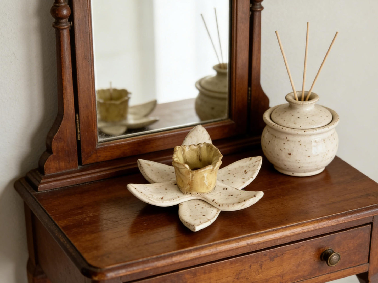 Handmade Ceramic Daffodil Candle Holder, Speckled Stoneware Flower Taper Candle Holder, Rustic Boho Home Decor, Gift for Plant Lover