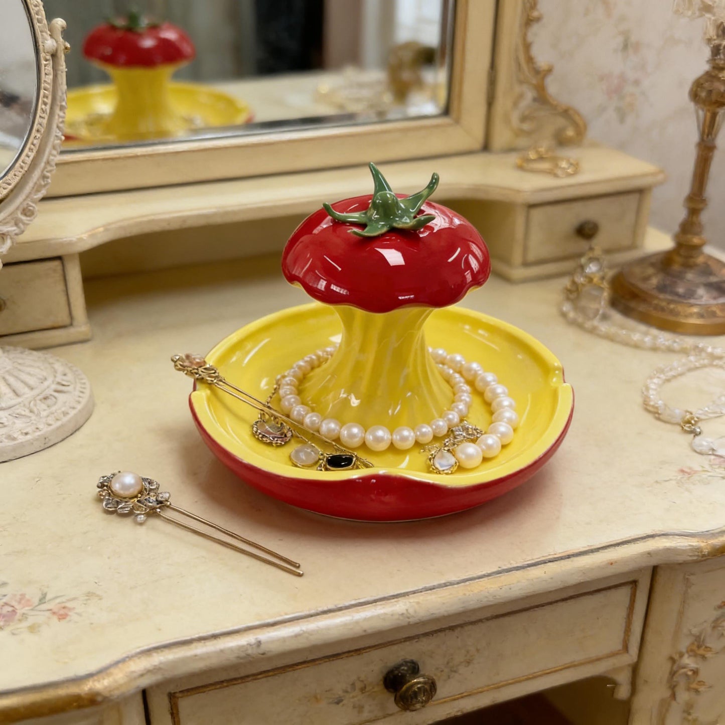 Tomato Shaped Jewelry Organizer, Ceramic Organizer, Handmade Vanity Organizer, Handpainted Ceramic Tray, Jewelry Storage Dish