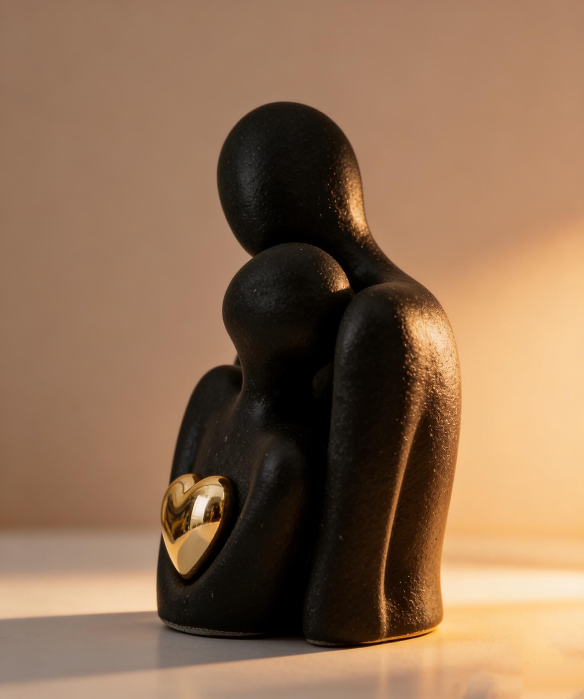 Embracing Couple Ceramic Statue | Matte Black & Gold Heart Decor | Romantic Gift for Her | Contemporary Shelf Accent