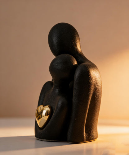 Embracing Couple Ceramic Statue | Matte Black & Gold Heart Decor | Romantic Gift for Her | Contemporary Shelf Accent
