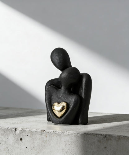 Embracing Couple Ceramic Statue | Matte Black & Gold Heart Decor | Romantic Gift for Her | Contemporary Shelf Accent