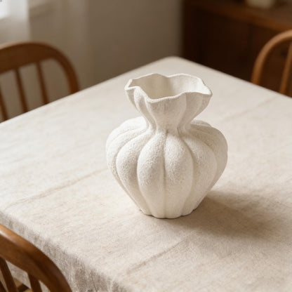 Textured Ceramic Vase, Pumpkin Shaped Vase, Wabi Sabi Decor, Ruffled Edge Vase, Matte White Vase, Boho Home Decor, Rustic Shelf Decor